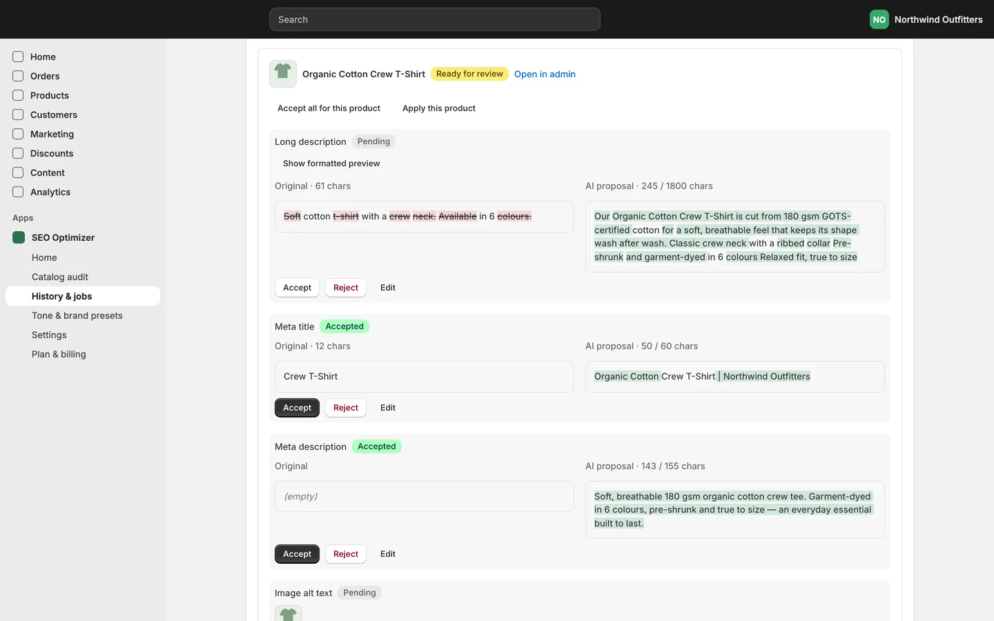Bulk AI product copy with a safety net: dry-run review, snapshots and rollback on Shopify