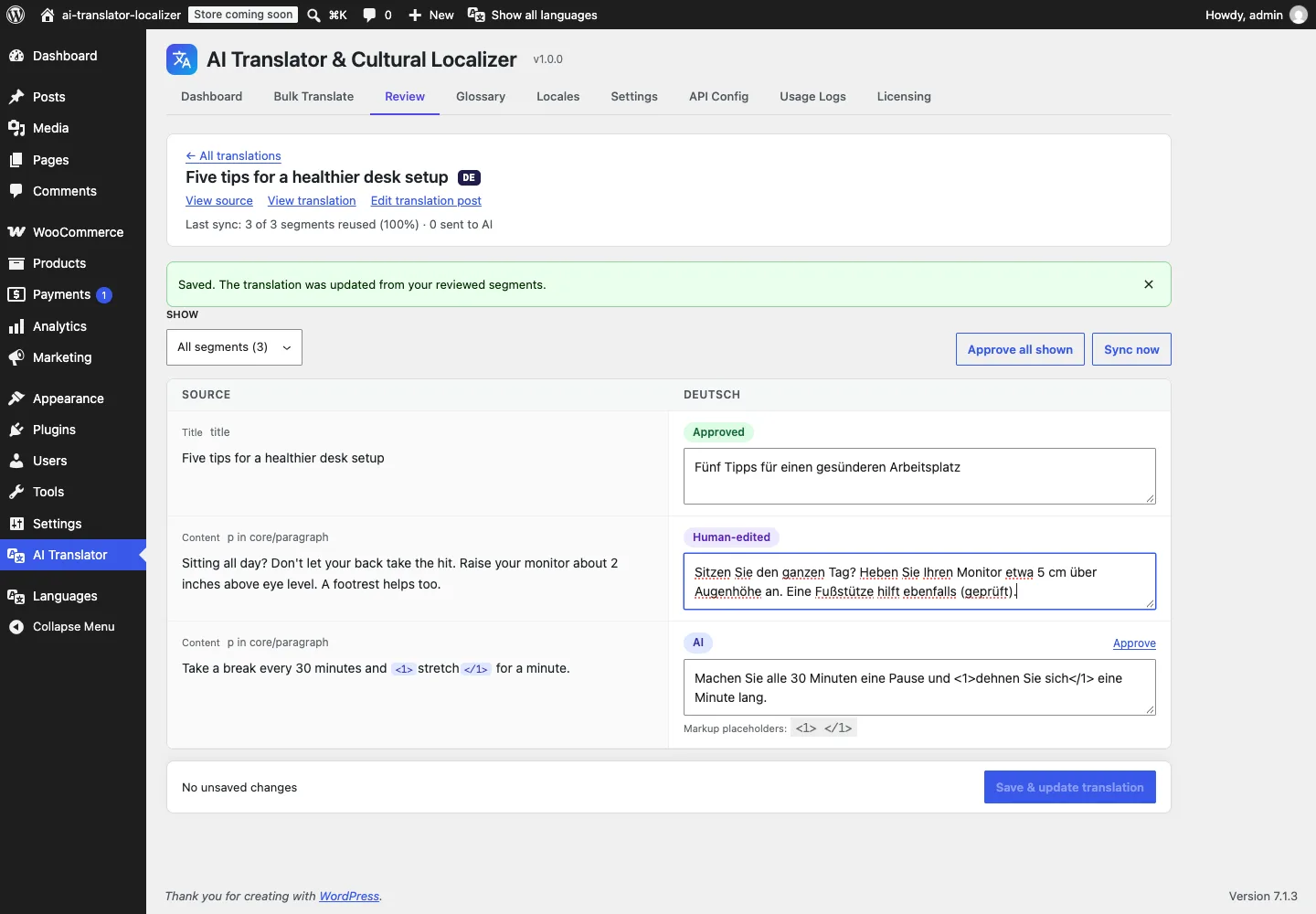 Delta translation memory: re-translating only the paragraph you changed in WordPress