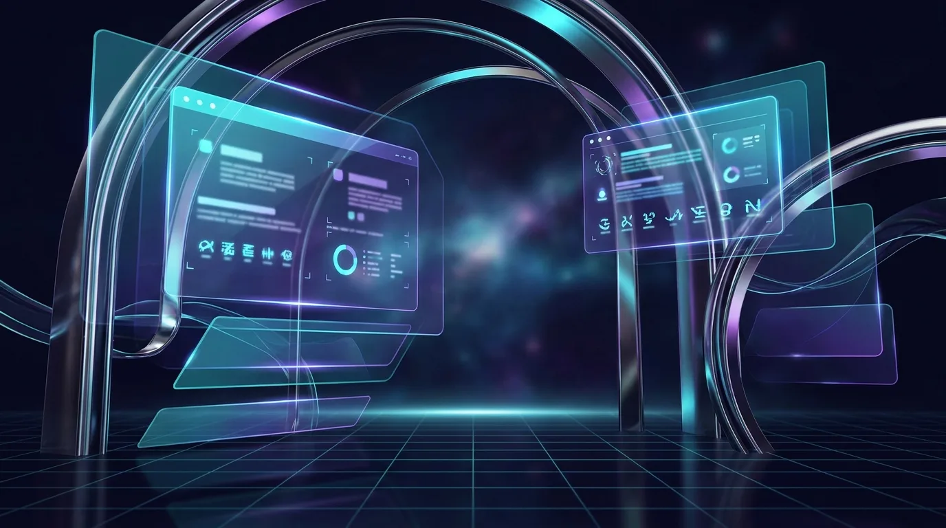 Futuristic design example: holographic panels and neon light in a dark space