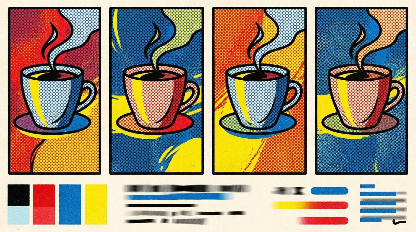 Pop art example: halftone dots, thick outlines and repeated panels