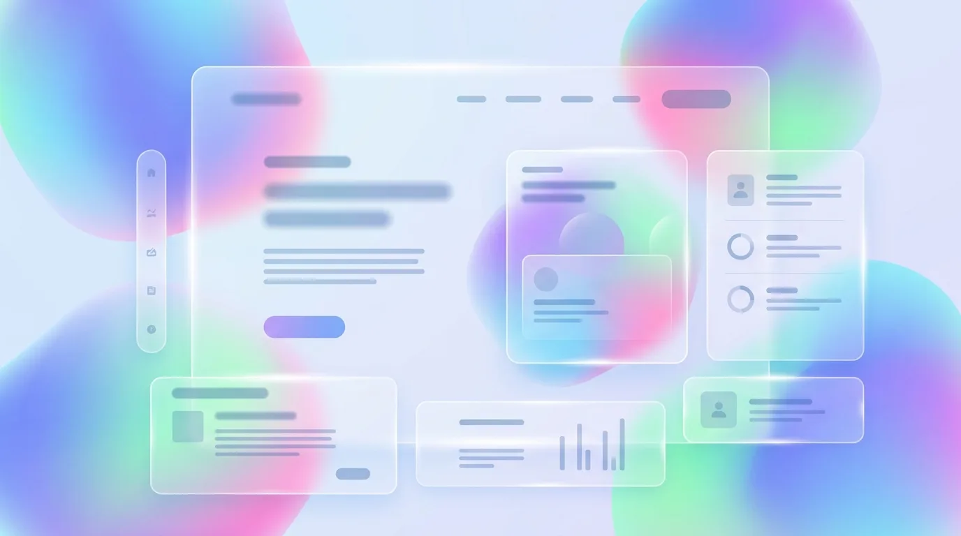 Glassmorphism example: frosted translucent cards over colourful blurred gradients
