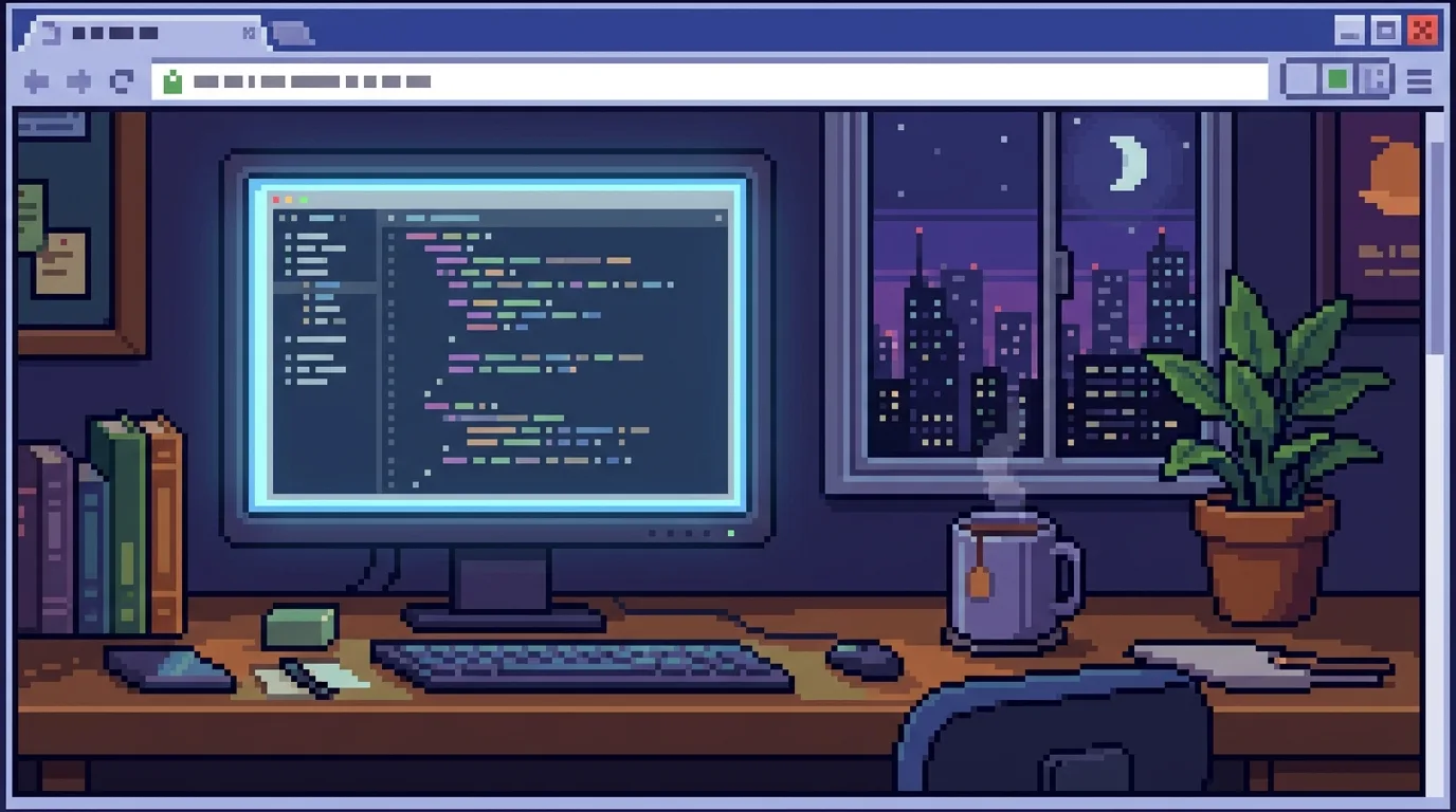Pixel art example: a cosy developer desk drawn in 16-bit pixels