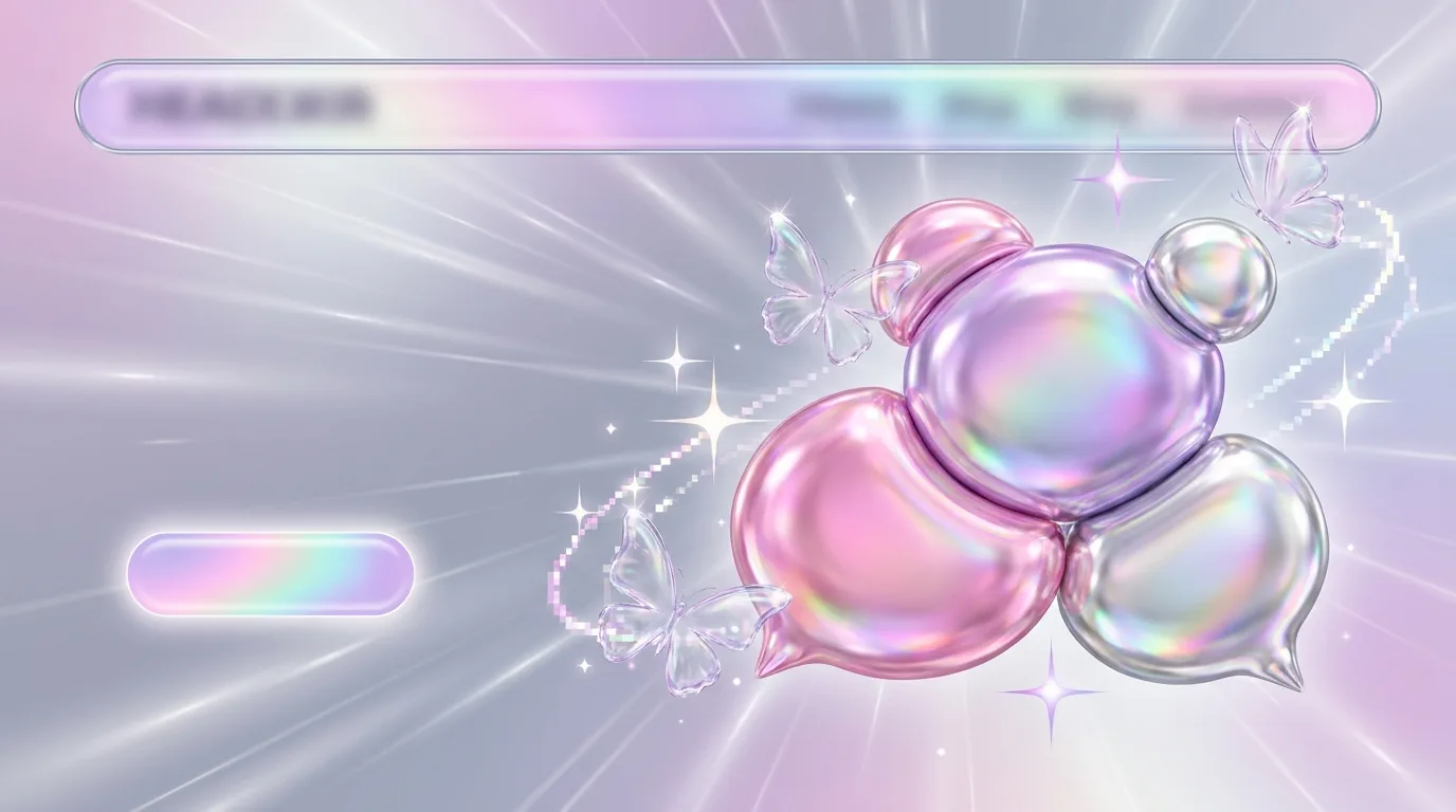 Y2K aesthetic example: chrome bubbles, iridescent gradients and sparkles