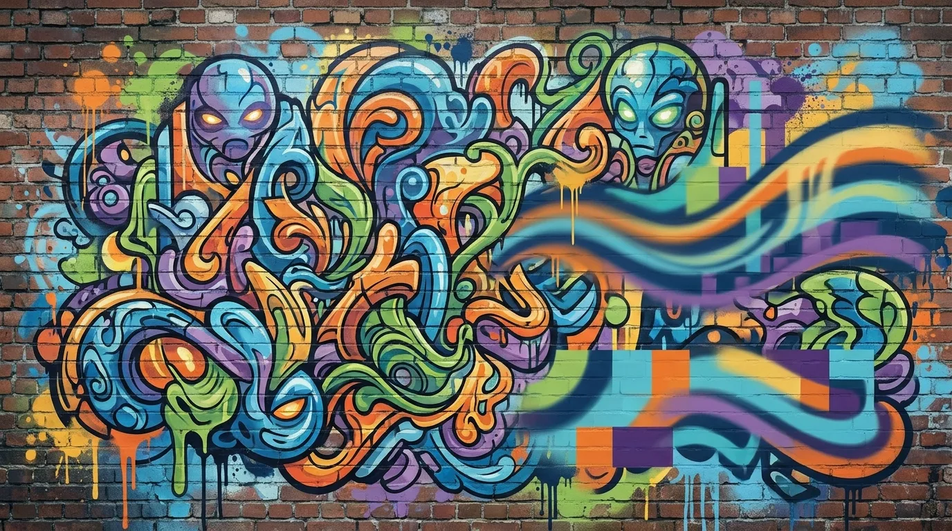 Graffiti example: a vibrant street-art mural with spray-paint drips
